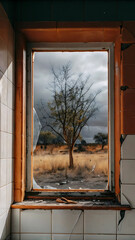 Obraz premium Broken window, barren landscape, a lone tree. Stormy view. 