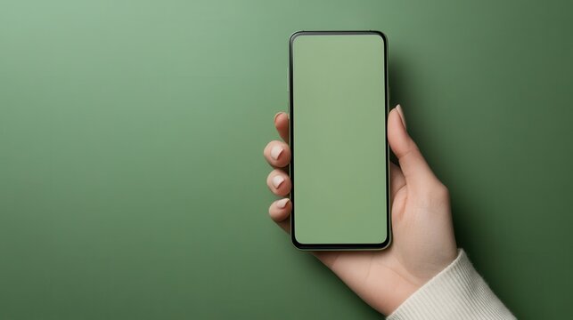 Woman Holds Smartphone With Green Screen Against Green Background