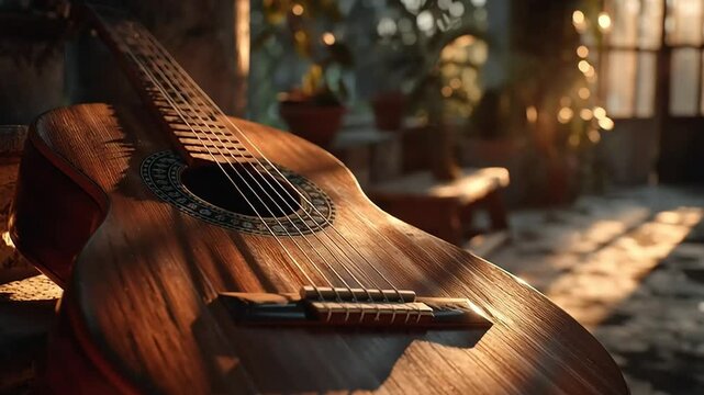 Close-Up of Acoustic Guitar Resting in Sunlit Rustic Room