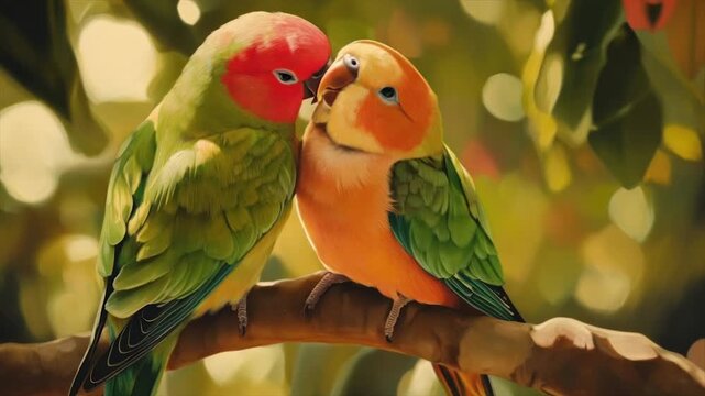Two parrots gently touching beaks,  displaying affection. Lush foliage surrounds them