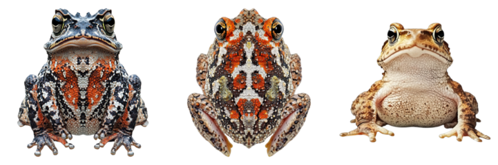 Three frogs are shown in a row, with the middle frog being the largest