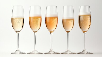 Five Champagne Flutes Filled With Sparkling Wine Against White Backdrop