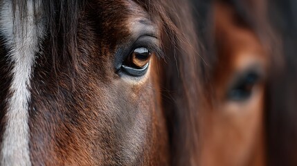 Close-up image of a brown horse with a white blaze, focusing on its eye which reflects the light. The photo highlights the animal's beauty.