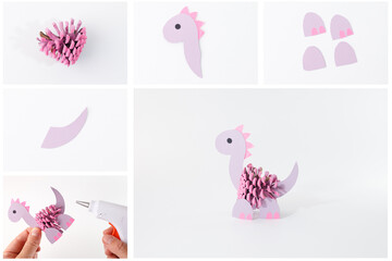 Cardboard pine cone dinosaurs for kids education, environmental branding, school crafts, science curriculum visuals, parenting content, book illustration, creativity-focused learning brands,