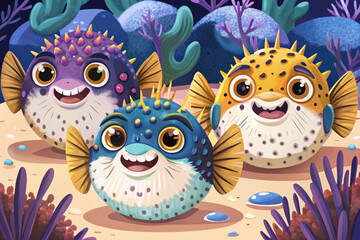 Obraz premium pufferfish inflated fish coral reef, marine behavior, tropical fish, ocean wildlife, underwater scene, sea life, aquatic animal