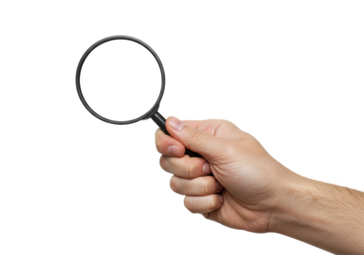 Investigating details with magnifying glass indoor setting focused environment exploration concept. Cut out png