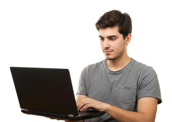 Laptop user engaged in work home office digital interaction minimalist eye level productivity boosting techniques. Cut out png
