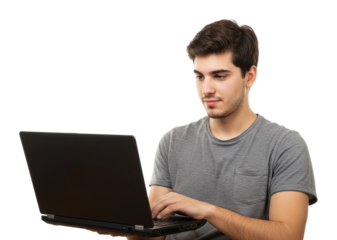 Laptop user engaged in work home office digital interaction minimalist eye level productivity boosting techniques. Cut out png