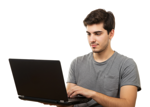 Laptop user engaged in work home office digital interaction minimalist eye level productivity boosting techniques. Cut out png