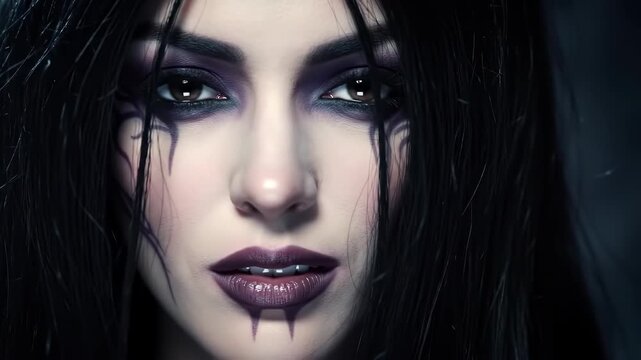 Close-Up Portrait of a Gothic Woman with Dark Makeup and Dramatic Hair