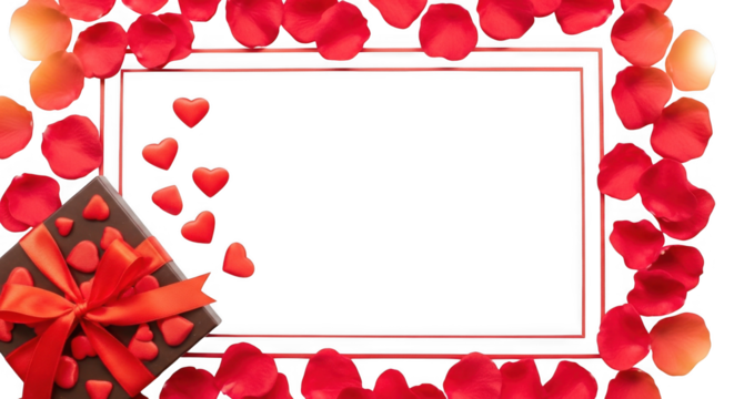 Celebrate Love with a Romantic Gift Box Surrounded by Rose Petals and Hearts on a Black Background