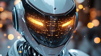 Close-up of a futuristic humanoid robot with sleek helmet and glowing blue visor, sci-fi concept. - Powered by Adobe