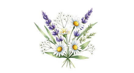 Watercolor bouquet of daisies and lavender isolated on transparent background
