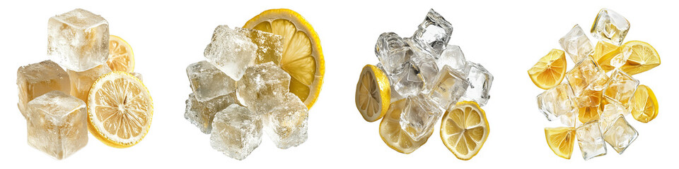 Four different types of ice cubes are shown, with a lemon