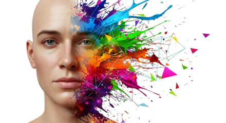 A human face partially dissolving into a vibrant explosion of colorful paint and geometric shapes isolated on transparent background