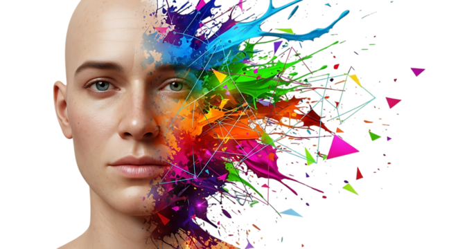 A human face partially dissolving into a vibrant explosion of colorful paint and geometric shapes isolated on transparent background