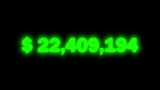 Visualizing immense fortune: Glowing green number representing a large sum of $34,354,293 displayed against a black background.