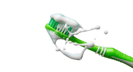 A green toothbrush with white toothpaste foam splashing in a dynamic motion against a black background showcasing a clean dental hygiene routine