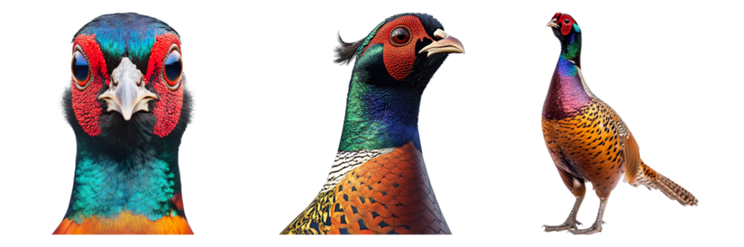 Three birds with colorful feathers are shown in a row - Powered by Adobe