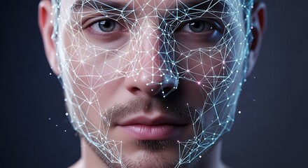 Closeup of a mans face with a digital network overlay, representing facial recognition technology and data