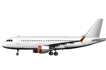 White airplane isolated on transparent background, side view, with red accents. Vector image