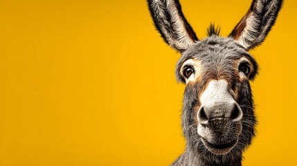 Obraz premium Close-up portrait of a donkey with a yellow background. Captures the animal's detail with a humorous and friendly expression.