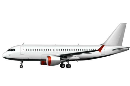 White airplane isolated on transparent background, side view, with red accents. Vector image