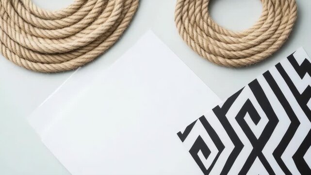 Minimalistic flat lay with nautical rope, blank paper, and geometric pattern for creative design mockup