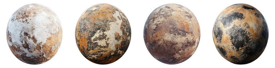 Four different colored balls, each with a different texture and color