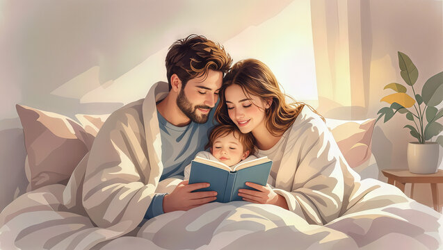 Family reading a book together while cozy in bed at home  