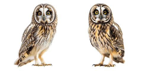 Fototapeta premium Two owls are standing side by side on a white background