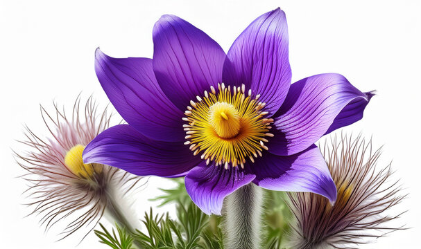 Close-up of a vibrant purple pasque flower in full bloom, with delicate yellow stamens and fine petal veins, surrounded by soft feathery buds, isolated on a white background for botanical detail.