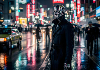 Chrome humanoid robot in trench coat standing in neon lit rainy city street concept of AI cyberpunk surveillance and urban future