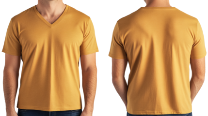 Man wearing mustard yellow v-neck t-shirt front and back view showing casual everyday apparel for men's fashion.
