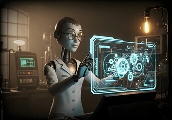 Cartoon humanoid robot scientist with glasses interacting with holographic data screens in futuristic control room concept of AI research and digital interface technology