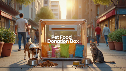 Pet food donation box with dog and cat on street in urban setting  
