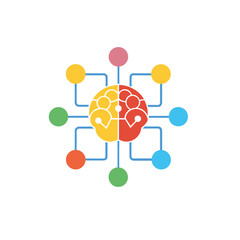 "Stylized Brain Network Icon – Vector Illustration of a Divided Brain with Red and Yellow Halves, Surrounded by Colorful Nodes Connected by Blue Lines – Symbol for Artificial Intelligence, Neural Netw