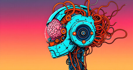 Futuristic blue humanoid robot head with exposed brain and gears connected by orange tubes concept of AI cognition and biomechanical design