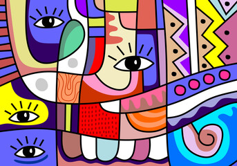 cubism abstract illustration featuring expressive eyes, bold geometric shapes