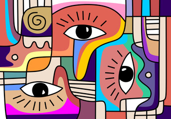 cubism abstract portrait featuring a stylized face with one large expressive eye