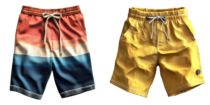 Two pairs of shorts, one blue and one yellow, are shown side by side