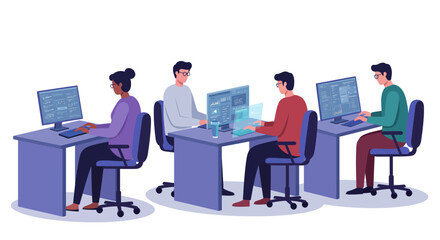 Diverse group of individuals focused on their computer screens, engaged in work or study in a modern office or classroom setting.