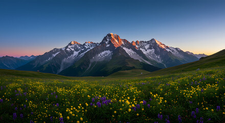 Fototapeta premium Majestic mountain peaks bathed in golden sunrise light, with a vibrant meadow of wildflowers in the foreground.