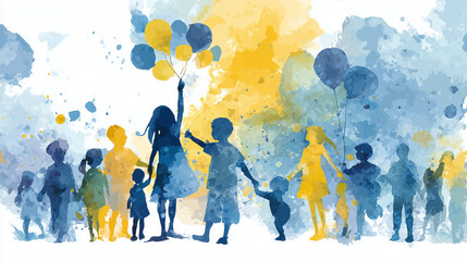 Happy children holding balloons and celebrating friendship