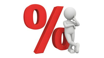 Thinking about discounts with a figure leaning on a percentage symbol