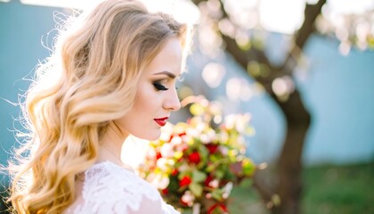 Naklejka premium Woman with elegant, wavy blonde hair and red lipstick outdoors.