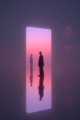 Businessmen reflecting on future in surreal pink portal