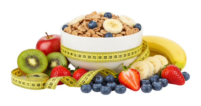 Healthy breakfast bowl with fruits and granola kitchen food bright and fresh overhead nutrition concept. Cut out png