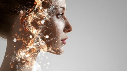 Woman's profile with glowing network overlay, symbolizing connectivity, technology, or data processing. Abstract, modern, and ethereal.