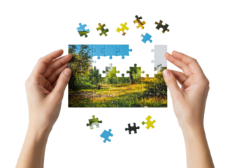 Puzzle completion adventure nature setting hands at work bright environment creativity unleashed. Cut out png